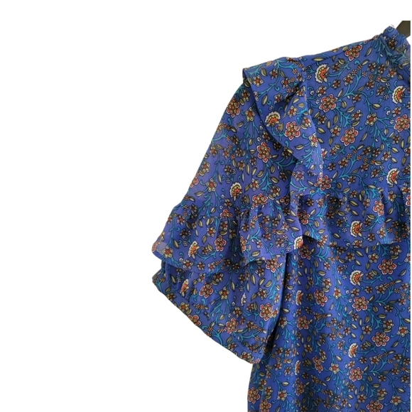 Loft Blue Floral Short Sleeve Ruffled Blouse Size S - Picture 4 of 6